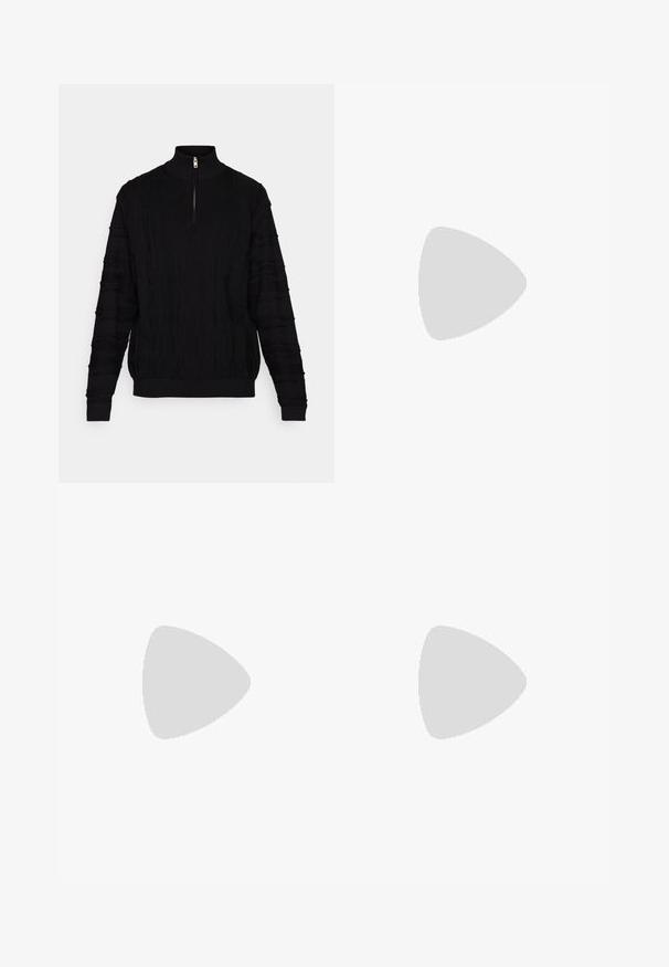 Black pullover sweater with a high collar and short zipper, featuring a textured knit pattern and ribbed cuffs and hem.; Black cargo pants made of durable fabric, featuring side pockets, a button closure, and a slim fit design. Smooth texture with minimal detailing.; Black sneaker with smooth synthetic upper, round toe, flat laces, and a ribbed rubber sole. Minimalist design, featuring stitched accents.; Green rectangular sunglasses with solid dark lenses, thick transparent frames, and a slight glossy finish. Accents on the temples.
