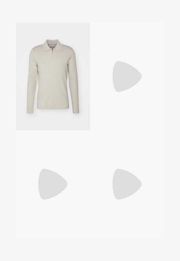 Samsøe Samsøe GUNA HALF ZIP - Jumper - moonstruck; White cotton T-shirt with short sleeves, featuring a black "BOSS" logo centered on the chest and a round neck design.; Beige cotton trousers with a straight-leg cut, featuring a button closure and pleats at the front for added detail.; White leather sneaker with beige suede accents, featuring a round toe, lace-up front, and tan rubber sole, displaying the brand name "BOSS."
