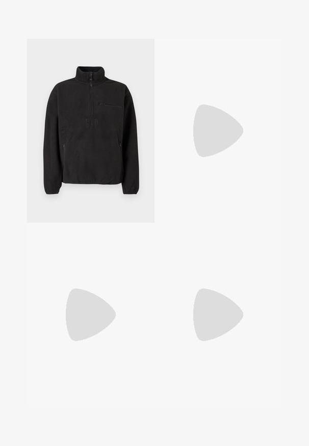 Black fleece pullover with a high collar, half-zip closure, and a front zip pocket. Features a textured fabric and embossed logo.; Dark blue denim jeans with a straight-leg design. Features visible stitching, a button closure, and front pleats for added detail.; Black leather sneaker with white stripes, textured rubber sole, and lace-up front. Features a branded label on the tongue.; Black leather crossbody bag with a zip closure, embossed logo on the front, and adjustable strap. Smooth texture with a rectangular shape.