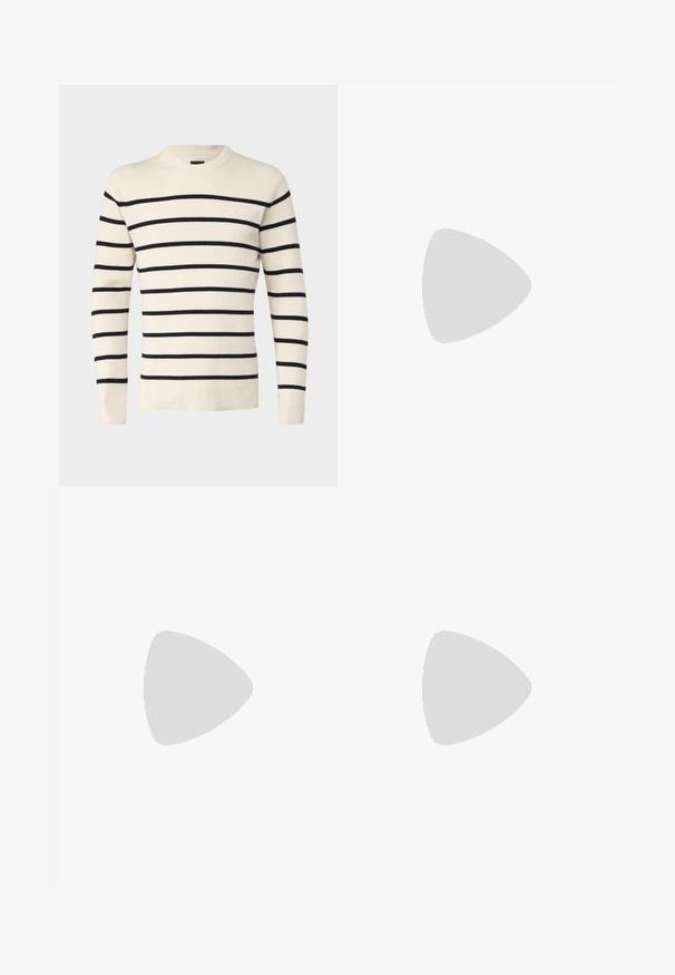 Only & Sons ONSPHIL CREW - Camisola - antique white; Calças de algodão castanhas com um design de perna reta, apresentando um fecho com botão e passantes para cinto, textura suave sem padrões ou detalhes.; Sapatilhas pretas de cano baixo feitas de material sintético liso. Bico arredondado, design com atacadores e sola de borracha plana com acabamentos texturizados.; Óculos de sol pretos com armação octogonal, lentes escuras, acabamento brilhante, hastes finas e detalhes em dourado na parte frontal.