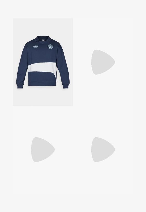 Felpa navy con una striscia orizzontale bianca, colletto e logo. Realizzata in misto cotone, presenta polsini e orlo a costine. Design sportivo.; Top in cotone bianco senza maniche con un grande logo nero "PUMA" e un emblema di un puma che salta. Girocollo.; Pantaloni jogger neri realizzati in un tessuto morbido, con vita elasticizzata, caviglie aderenti e un logo discreto sulla coscia sinistra.; Sneaker in suede rosso con suola in gomma bianca, lacci bianchi e logo dorato. Presenta un design a strisce laterali e colletto imbottito.