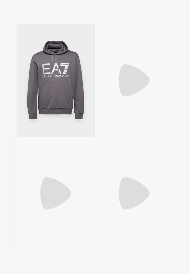 EA7 Emporio Armani FELPA - Jersey con capucha - volcanic glass; Jeans de mezclilla azul claro con un corte ajustado, cinco bolsillos y un diseño de pierna recta. Cuenta con una cremallera y trabillas para cinturón. Textura suave.; Zapatilla de cuero blanca con un acabado suave, puntera redonda, cordones planos y suela texturizada. Cuenta con un sutil logo en el talón.; Gafas de sol redondas negras con lentes oscuros y brazos metálicos delgados. Incluye puntas de varilla transparentes y acentos plateados en la bisagra. Diseño minimalista.