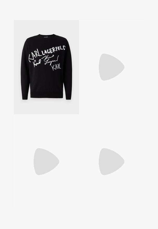 Black sweater featuring white embroidered text reading "KARL LAGERFELD" and a signature design. Simple crew neck and long sleeves.; Black tailored trousers with a straight fit, made from smooth fabric. Features belt loops and crease detail along the front.; White leather sneakers with a smooth finish, rounded toe, flat laces, and a textured sole. Grey suede accent at the heel.; Clear plastic sunglasses with rectangular brown lenses, featuring thin, transparent arms and metal accents on the temples.