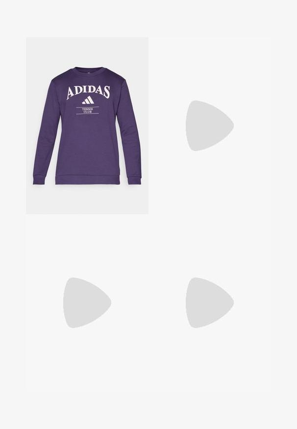 Fialová mikina s dlhými rukávmi, okrúhlym výstrihom a bielym logom Adidas. Obsahuje text "TENNIS CLUB" a klasický strih. Zmes bavlny.; Biely športový tričko s krátkymi rukávmi, vyrobené z materiálu, ktorý odvádza vlhkosť. Má čierne logo na ľavej hrudi a vzorovaný vnútorný golier.; Čierne športové nohavice s elastickým pásom, bielymi bočnými pruhmi a malým bielym logom na stehne. Vyrobené z hladkého, ľahkého materiálu.; Čierne športové topánky s textúrovaným sieťovinovým zvrškom, bielymi akcentovými pruhmi, polstrovanou podrážkou a spevneným pätou pre podporu.