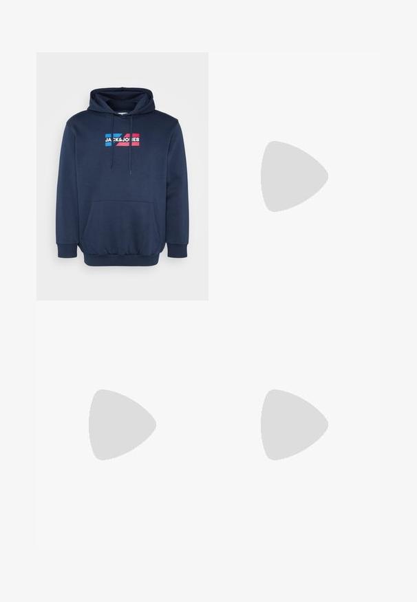 Tumši zils kapucejais krekls, izgatavots no kokvilnas auduma, ar kabatu priekšpusē, ar balto un krāsaino logotipu "JACK&JONES" uz krūts.; Balta kokvilnas T-kreklu ar īsām piedurknēm, apaļu kakla izgriezumu, brīvu piegriezumu un bez redzamām logo vai rakstiem. Gluda tekstūra un minimālistisks dizains.; Gaiši zili denima cargo bikses ar brīvu piegriezumu, tajās ir sānu stiprināšanas cilpas un priekšējās kabatas, demonstrējot nolietotu tekstūru.; Melnas ādas loafers ar elegantu dizainu, apaļu purngalu, izšūtu apdari un zemu bloku papēdi. Gluda tekstūra un minimāli akcenti.