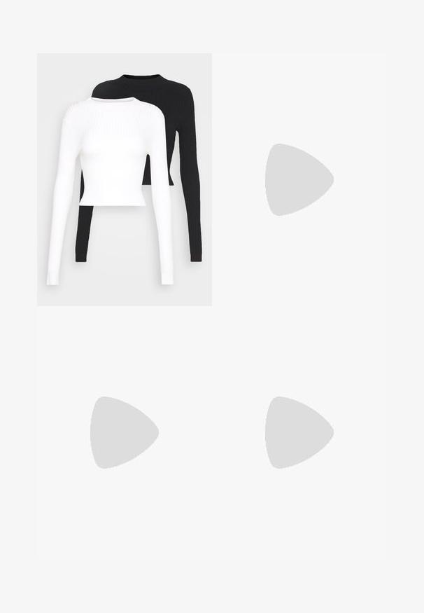 Deux tops à manches longues côtelés : un en blanc et un en noir, avec des encolures rondes et une coupe courte. La texture est lisse et extensible.; Pantalons large en denim noir, dotés d'une taille structurée, de passants de ceinture et de poches avant. Texture lisse avec un design classique.; Escarpins en cuir verni noir avec bout pointu et talon bloc géométrique. Présente un design élégant et minimaliste ainsi qu'une texture lisse.; Sac fourre-tout en cuir noir avec une texture lisse, de forme rectangulaire et deux longues poignées. Pas de matériel ou d'ornementations visibles.