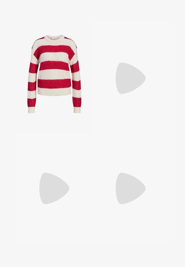 Pull en tricot rayé rouge et blanc avec un col rond, des manches longues, et des bords côtelés en bas et aux poignets, constituée d'un matériau doux et texturé.; Pantalons en velours côtelé beige à coupe ample, dotés d'une taille à cordon, de deux poches avant et d'une texture côtelée verticale.; Basket en cuir suédé et mesh gris clair, avec trois bandes blanches, bout rond et semelle en caoutchouc naturel. Accent logo doré près des lacets.; Débardeur vert avec des détails en dentelle à l'épaule et au col, présentant une coupe ajustée et un tissu doux. Assorti à un pantalon de couleur claire.