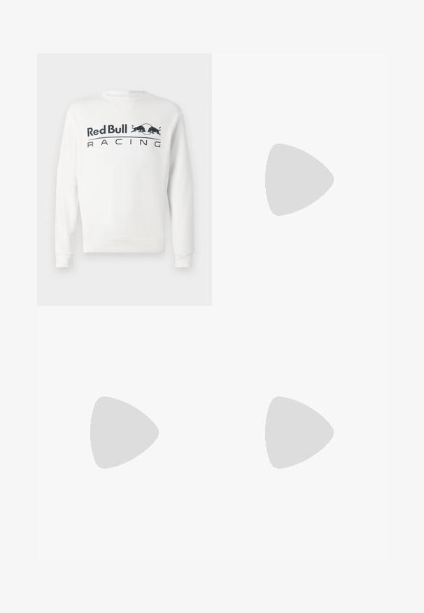 Sweatshirt branco de manga longa com o texto "Red Bull Racing" e o logótipo de dois touros em preto, centralizado no peito.; T-shirt de algodão bege com decote redondo e mangas curtas. Apresenta um discreto logo "Levi's" na mesma cor no peito. Textura suave.; Jeans de ganga azul claro com cintura alta, fecho frontal, zipper e design de cinco bolsos, dispostos de forma plana sobre um fundo neutro.; Sapatilhas de tela em off-white com biqueira redonda, apresentando solas de borracha bege e cinco ilhós para atacadores, acabamento texturizado na parte superior.