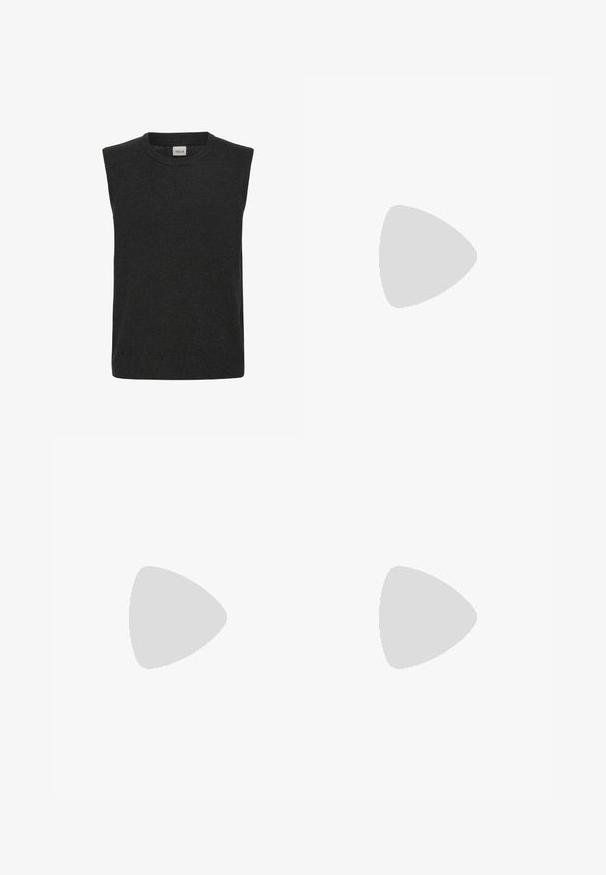 Bez rękawów sweter dzianinowy w ciemnoszarym kolorze, z okrągłym dekoltem i miękką fakturą. Prosty design bez widocznych wzorów lub akcentów.; YOURTURN UNISEX czarny; Czarne skórzane mokasyny o gładkim wykończeniu, zaokrąglonym nosku, niskim obcasie oraz dekoracyjnym przeszyciu z przodu. Gumowa podeszwa zapewniająca przyczepność.; Czarne prostokątne okulary przeciwsłoneczne z ciemnymi soczewkami; wykonane z plastiku, o gładkim wykończeniu, grubych oprawkach i subtelnym oznakowaniu z boku.