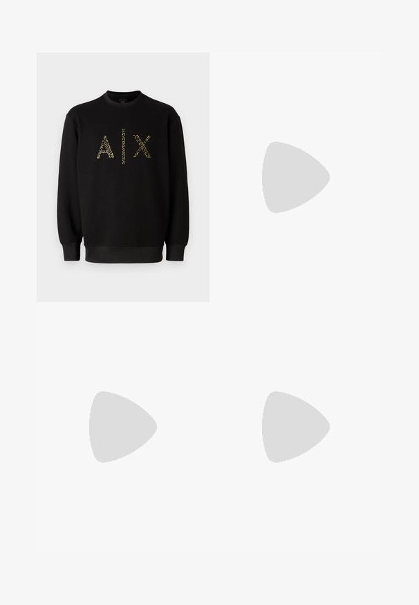 Sudadera negra con cuello redondo, que presenta letras doradas brillantes "AIX" en la parte delantera. Puños y dobladillo elásticos. Material de algodón suave.; Jeans de mezclilla oscura con corte slim, que presentan manchas de pintura, costuras visibles y diseño clásico de cinco bolsillos. Corte recto.; Zapatilla de cuero blanca con un acabado suave, puntera redonda, cordones planos y suela texturizada. Cuenta con un sutil logo en el talón.; Gafas de sol redondas negras con lentes oscuros y brazos metálicos delgados. Incluye puntas de varilla transparentes y acentos plateados en la bisagra. Diseño minimalista.