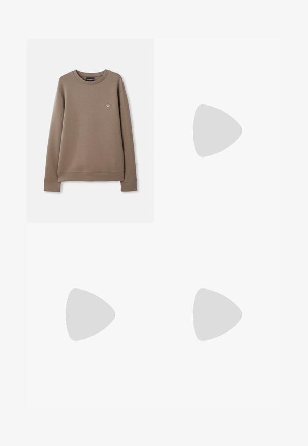 Brown long-sleeve crewneck sweatshirt with small Emporio Armani logo patch on the left chest, displayed on a plain white background.; Filippa K TERRY CROPPED TROUSERS - Trousers - sage melange; White leather sneaker with a smooth finish, round toe, flat laces, and a textured sole. Features a subtle logo on the heel.; Black round sunglasses with dark lenses and slim metal arms. Includes clear temple tips and silver accents at the hinge. Minimalist design.