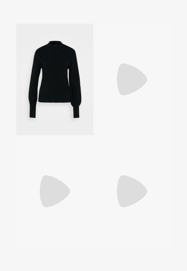 Maglione nero a maglia con colletto alto, maniche lunghe a sbuffo e corpo aderente. La texture è morbida e a coste, con dettagli minimi.; Jeans neri a vita alta e svasati, realizzati in denim, con chiusura a bottone, tasche laterali e una texture liscia.; Scarpa nera in pelle con lacci, dotata di una soletta in gomma nera spessa e seghettata e cuciture gialle lungo il bordo, con una finitura liscia.; Borsa in suede brown con due manici superiori, un dettaglio a nodo sul davanti e cuciture a contrasto. Texture morbida e forma strutturata.