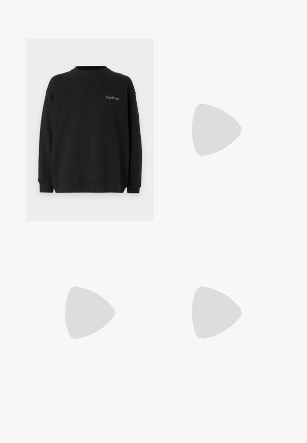 Zwarte sweatshirt gemaakt van zachte stof, met een ronde halslijn en lange mouwen. Klein grijs "Barbour" logo op de linkerborst.; Zwarte T-shirt met een groot, abstract lichtgrijs grafisch ontwerp op de voorkant. Korte mouwen en een klassieke ronde halslijn. Gemaakt van katoen.; Zwarte denimjeans hebben een rechte pijp, een vervaagde structuur en subtiele slijtage. Inclusief standaardzakken en een knoopsluiting.; Lacoste sneakers in donkergrijs van mesh en synthetisch materiaal, met een gestructureerde zool en bruine accenten op de kraag en branding.; Fanny pack in donkerblauw tie-dye print met een ritssluiting bovenaan, textuur materiaal en een opvallend logo op de voorkant.