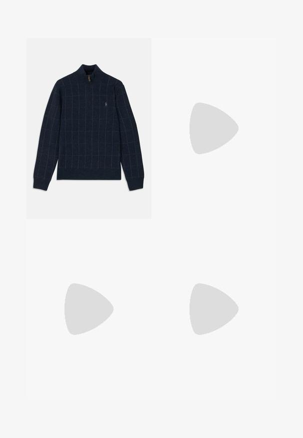 Granatowy sweter z zamkiem przy kołnierzu, z siatką wzór w jasnej zieleni i brązie. Miękka tekstura z prążkowanymi mankietami i dołem, detal z logo na piersi.; Beżowa koszula z długim rękawem wykonana z mieszanki bawełny. Posiada kołnierzyk zapinany na guziki, siedem guzików z przodu oraz małe haftowane logo na lewej piersi.; Beżowe bawełniane chinosy z płaskim przodem, szlufkami na pasek i bocznymi kieszeniami. Prosty krój z gładką fakturą i lekkim, przewiewnym uczuciem.; Białe skórzane sneakersy, niskoprofilowy design, charakteryzujące się gładką fakturą, okrągłym noskiem, sznurowanym przodem i małym haftowanym logo z boku.