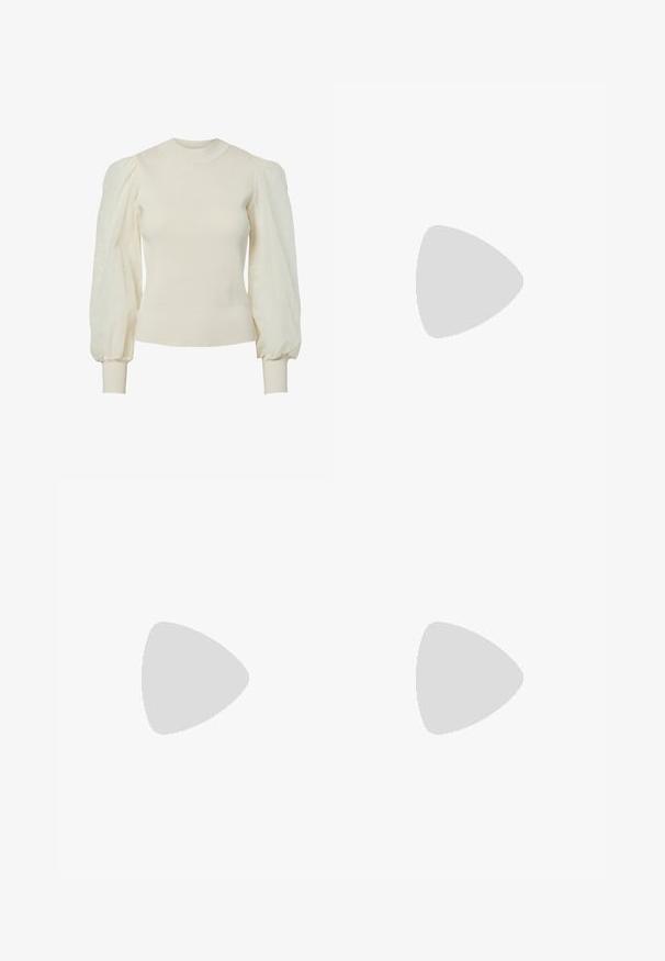 Cream-colored sweater with ribbed bodice and sheer, puffed sleeves. Fitted cuffs and round neckline. Textured fabric with floral pattern on sleeves.; Black mesh skirt with a fitted waistband, asymmetrical hem, decorative buttons along the front, and layered sheer texture.; Black leather slingback heels with a pointed toe, small kitten heel, and a decorative knot detail on the front. Smooth texture throughout.; White rectangular clutch bag made of glossy material, featuring a silver chain strap. Model poses, showcasing the bag against a plain background.