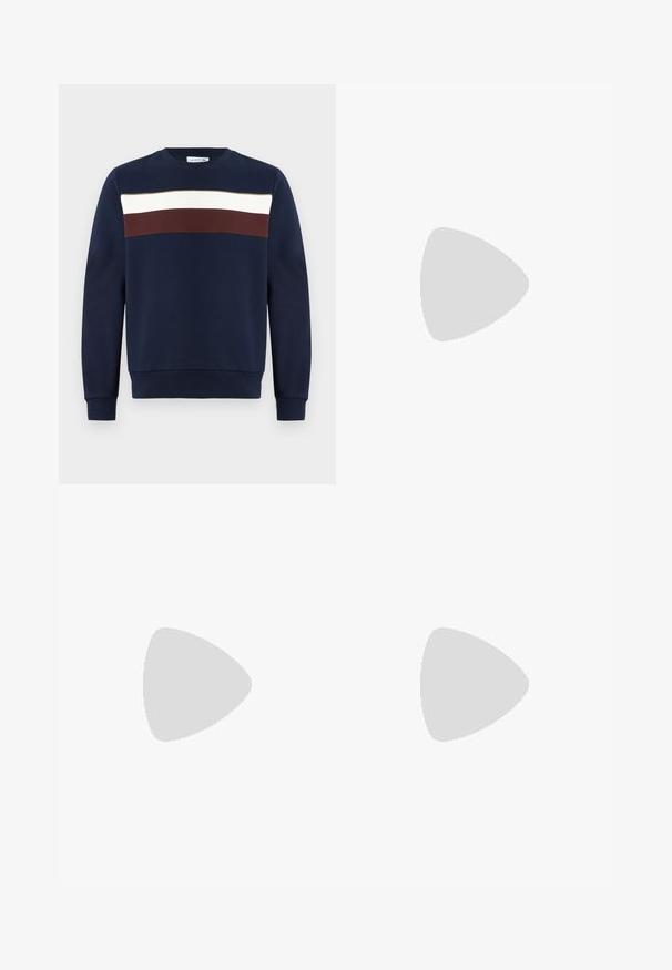 Sweatshirt azul-marinho com um design frontal apresentando riscas horizontais em branco, burgundy e verde-azeitona. Gola redonda, punhos e bainha canelados.; Camisola preta de manga longa feita de algodão, com decote redondo e um pequeno logótipo de crocodilo bordado em verde no lado esquerdo do peito.; Jeans de denim azul claro com um corte solto, pernas retas, design de cinco bolsos e fecho de botão na cintura. Detalhe de costura minimalista.; Ténis Lacoste em cinza-escuro com material em malha e sintético, apresentando uma sola texturizada e detalhes castanhos na gola e na marca.