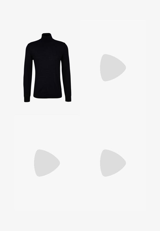 Fekete garbópulóver sima kötött anyagból. Hosszú ujjakkal, testhezálló nyakkal, illetve bordázott mandzsettákkal és aljjal rendelkezik a kényelmes viselet érdekében.; Fekete, slim fit nadrág, sima szövetből készült. Gombos derékrésszel és egyenes lábakkal rendelkezik.; Calvin Klein HYBRID CUP - Belebújós cipők - triple black; Fekete bőr aktatáska strukturált felülettel, kettős fogantyúval, levehető vállpánttal és elülső logóval. Cipzáras záródás.