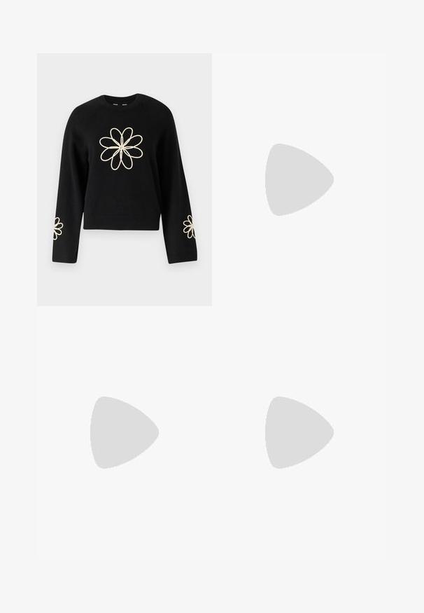 Black sweater with long sleeves, featuring large cream flower embroidery on the chest and smaller flowers on each sleeve. Soft texture.; Light blue, high-waisted jeans made of denim. Feature wide legs, two torn knee areas, and classic five-pocket styling.; White high-top canvas sneaker with black rubber sole, front rubber toe cap, and six eyelets for laces, featuring a clean, minimalist design.; Red leather handbag with an angular, geometric design. Features a single adjustable strap and a flap closure with stitched detailing.