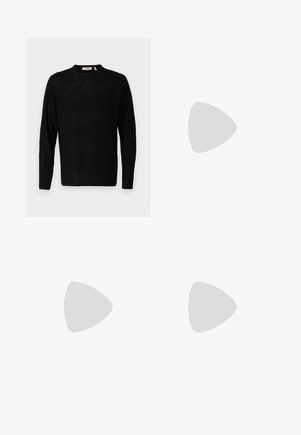 Only & Sons ONSAPOLLO CREW  - Trui - black; Lichtgrijze cargobroek met zijzakken, elastische enkels en een knoopsluiting. Gemaakt van duurzaam materiaal met een soepele textuur.; Witte leren sneakers met een gladde afwerking, ronde neus, platte veters en een gestructureerde zool. Grijze suède accent bij de hiel.; Zwarte zonnebril met ronde lenzen, matte afwerking en een kenmerkende cat-eye vorm. Slanke armen met subtiele branding op de linkertempel.