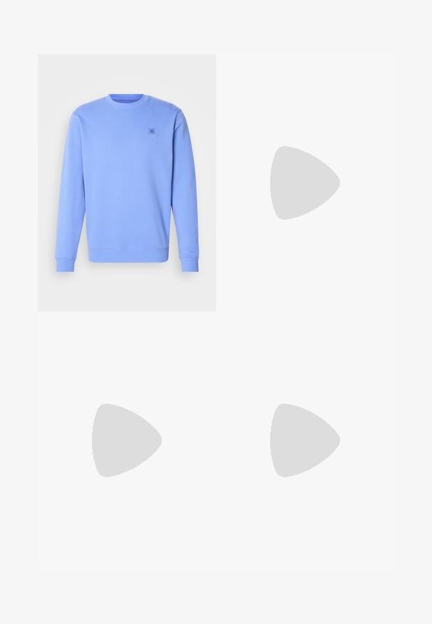 Light blue sweatshirt made of soft fabric, featuring a crew neck, ribbed cuffs, and a small, subtle logo on the chest.; White cotton t-shirt with a round neck, short sleeves, and a left chest pocket. Features a small logo tag on the side seam.; Black cotton trousers with a straight-leg design, featuring a simple button closure and standard pockets. Smooth texture and no visible patterns.; White leather sneakers with gray suede accents and a tan leather heel tab. Features a textured surface and lightweight sole.