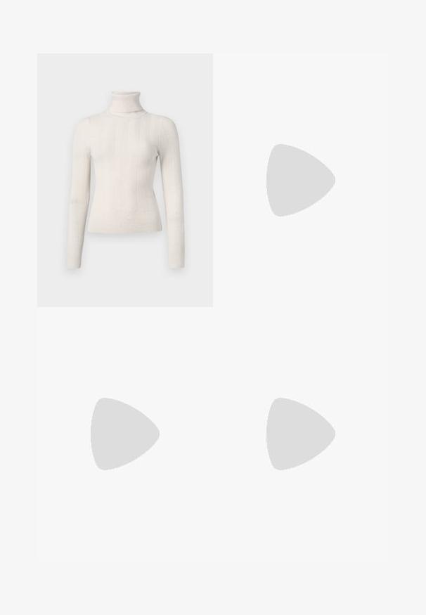 Off-white turtleneck sweater made from ribbed knit fabric. Features long sleeves and a fitted design with subtle vertical stripes.; Black high-waisted jeans made of denim. Features wide legs, five-pocket styling, and a button closure. Even color with subtle texture.; Tall black leather boot with chunky platform sole and block heel, featuring pull tab and textured tread on outsole.; Black leather handbag with a curved shape, detachable strap, and gold hardware. The bag features a flap with a buckle detail.
