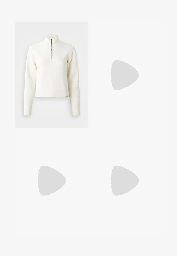 White, zip-neck sweater with long sleeves. Made from a soft knit material, featuring ribbed cuffs and hem. Subtle brand logo at the hem.; Navy blue sweatpants made of soft fabric, featuring an elastic waistband with drawstring, elastic cuffs, and a small white logo.; Brown wide-leg pants with smooth texture and side seam detailing, paired with grey and white retro-style sneakers featuring a gum sole.; Aviator sunglasses featuring a gradient blue lens, silver metal frame, and decorative star accents on the lens. Smooth and sleek design.