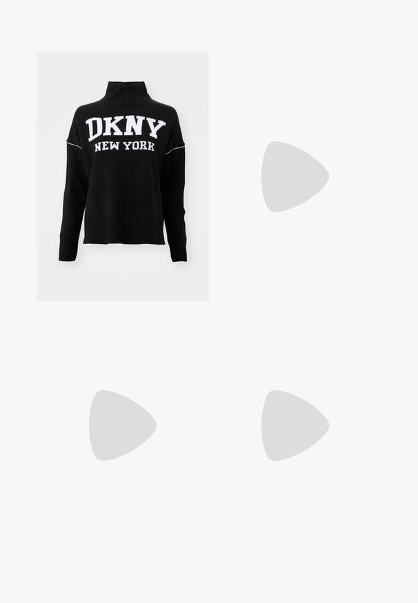Svart stickad tröja med hög randig krage och vit "DKNY NEW YORK"-logga. Har ribbade ärmslut och nederkant, avslappnad passform.; Svarta skräddarsydda byxor med rak benform, med en slät yta och skarpa veck fram. Ingen synlig hårdvara.; Svart läder slingback-hälar med spetsig tå, med en smal klack och en guldtonad detalj på den justerbara remmen. Slät textur.; Svart läderhandväska med en strukturerad design, som har en avskuren form, ett handtag upptill och guldiga detaljer. Justerbar axelrem ingår.