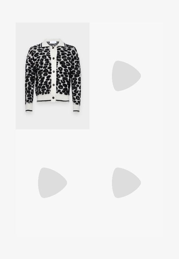 Kardigan v černobílé leopardí potisku s texturovaným vzorem, s knoflíkovou přední částí, ribbovanými manžetami a kontrastním límcem.; Bílé volné kalhoty vyrobené z bavlny s hladkou texturou. Obsahují přední knoflík, zip a design se čtyřmi kapsami.; Černé lakované slingback lodičky s špičatou špičkou, úzkým podpatkem a jemným výřezem. Obsahují zlatou sponu na řemínku.; Bílá kožená kabelka s texturovaným povrchem, zdobená zlatým řetízkem a černými akcenty. Obsahuje přední kapsu a uzavírání na zip.