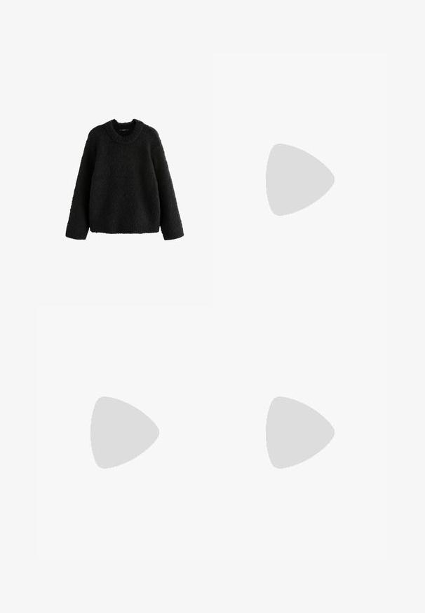 Next BOUCLE CREW NECK - Stickad tröja - black; Höga svarta denimbyxor med vida ben och fransade sömmar, fem fickor och kopparknappdetaljer. Klassisk knapp- och dragkedjestängning.; Grå mockakängor i ankellängd med ett mjukt innerfoder, minimal sömnad och en formad gummisul. Utrustad med en dragflik baktill.; Svarta kantiga solglasögon med gråtonade linser, som har skarpa kanter och smala skalmar. Designen inkluderar en blank yta.; Svart scarf gjort av ett mjukt, strukturerat tyg. Har fransade kanter och en rektangulär form, lämplig för att svepa runt halsen.