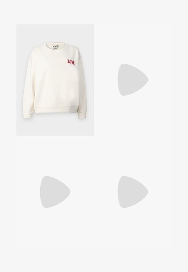 ICHI IHMERELLA - Sweatshirt - birch; Black ribbed knit dress with long sleeves, v-neckline, and a bow tie detail at the front. Features a fitted design and a flared hem.; White sneaker with a smooth synthetic upper, perforated toe box, flat laces, and a textured sole, displayed on a wooden surface.; Black oversized sunglasses with cat-eye shape, dark tinted lenses, and glossy plastic frame. Features thick temples for support.