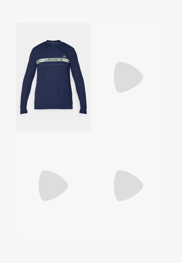 Sweatshirt de manga longa azul-marinho, feito em algodão, com uma faixa horizontal branca e verde com a marca "LACOSTE" e o logo no peito.; adidas Performance T-shirt desportiva - chalk white; Calções atléticos brancos com um cós elástico e cordão ajustável. Tecido suave com uma textura subtil, apresentando bolso laterais.; Tênis de corrida leves em azul pálido com riscas pretas. Apresentam um cabedal liso, bico redondo e uma entressola espessa branca rotulada como "LIGHTSTRIKE PRO."