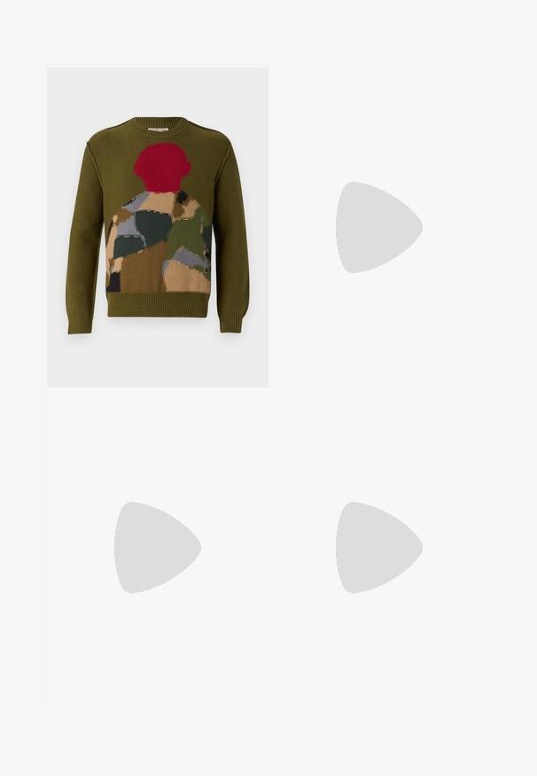 Olive green knitted sweater featuring a multicolored patchwork design with red, brown, and gray accents. Classic crew neck and ribbed cuffs.; Light blue denim jeans with a straight leg cut, classic five-pocket design, subtle whiskering, and metal button closure at the waistband.; White sneaker with suede accents, rounded toe, flat laces, and a cream rubber sole. Features green branding on the heel.; Vivienne Westwood CITY BUMBAG UNISEX - Bum bag - black