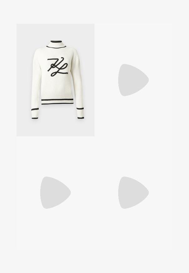 Weißer, gerippter Pullover mit einem schwarzen, gestickten Logo auf der Vorderseite. Verfügt über einen hohen Kragen und schwarze Einfassungen an Bündchen und Saum.; Schwarze Hosen mit lockerem Schnitt, ausgestattet mit einem weißen elastischen Bund mit Branding. Hergestellt aus glattem Stoff mit leichtem Glanz.; KARL LAGERFELD BONNIE - Stiefelette - black; Schwarz-weiße gestreifte Handtasche mit strukturierter Form, ausgestattet mit einem oberen Griff, einem abnehmbaren Kettenriemen und einem metallischen Logo-Detail.