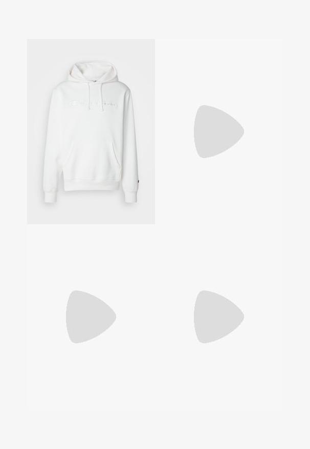 Felpa bianca con cappuccio realizzata in tessuto morbido. Presenta una tasca frontale, un cappuccio con lacci e il logo "Champion" ricamato. I polsini sono a coste.; T-shirt bianco in cotone con collo rotondo, maniche corte e logo "Champion" ricamato in nero sul petto e sull'accento della manica.; Pantaloni neri in felpa con vita elasticizzata, dotati di un piccolo logo sul lato sinistro superiore. Realizzati in tessuto morbido, con design a gamba affusolata.; Sneakers atletici neri con tomaia in rete, punta rinforzata, suola intermedia testurizzata e linguetta posteriore per una facile calzata. Logo visibile sul lato.