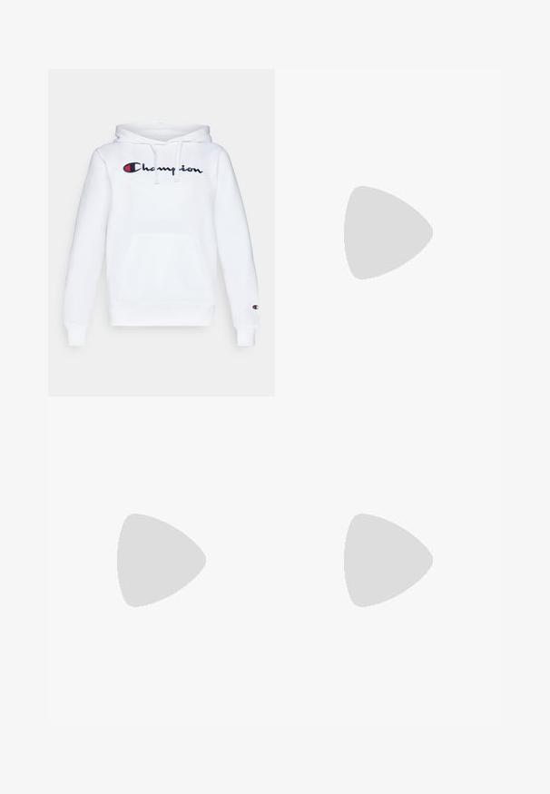 Weißer Kapuzenpullover mit Kordelzug, vordere Kängurutasche und gesticktem "Champion"-Logo in Marineblau und Rot auf der Brust.; Weißes kurzärmliges Sport-T-Shirt aus glattem Stoff, mit einem schwarzen Under Armour-Logo auf der oberen linken Brust und einem runden Ausschnitt.; Schwarze Leggings aus glattem, elastischem Material mit einem hohen Bund. Mit einem weißen Logo auf dem linken Oberschenkel und tailliertem Design.; Schwarze Sportschuhe aus strukturiertem Stoff, mit weißer Sohle und schwarzen Schnürsenkeln. Tragen mit weißen gerippten Socken, stehen auf einer hellen Fläche.