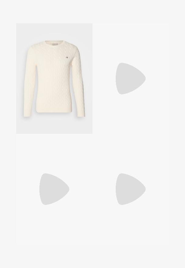 Pulover din tricotaje clasice, de culoare crem, cu mâneci lungi, decolteu rotund, manșete și tiv cu aspect canelat, având un detaliu mic cu logo pe piept.; Pantaloni maro cu picioare largi, cu talie înaltă, având plisse în față și bucle pentru curea, confecționați dintr-un material neted și ușor.; Mocasini din piele maro cu vârf rotund, cu o ciucure decorativ, detalii cusute și un toc din cauciuc scăzut pentru un plus de confort.; Ceas metalic argintiu cu un cadran albastru periat, marcaje albe pentru ore și o afișare a datei. Dispune de o curea metalică legată și logo-ul mărcii.