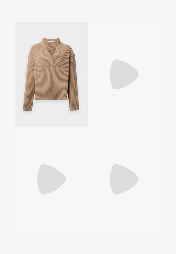 Beige ribbed knit sweater with a deep V-neck, long sleeves, and a textured panel at the chest. Cropped length with a relaxed fit.; Black trousers made from smooth fabric featuring a high waist, wide legs, front pleats, and classic belt loops. No side pockets visible.; Black leather ballet flats with a pointed toe, featuring a strap with a circular metallic buckle and a flat sole.; Black leather handbag with a curved shape, featuring a prominent gold oval clasp, adjustable strap, and minimalistic design.
