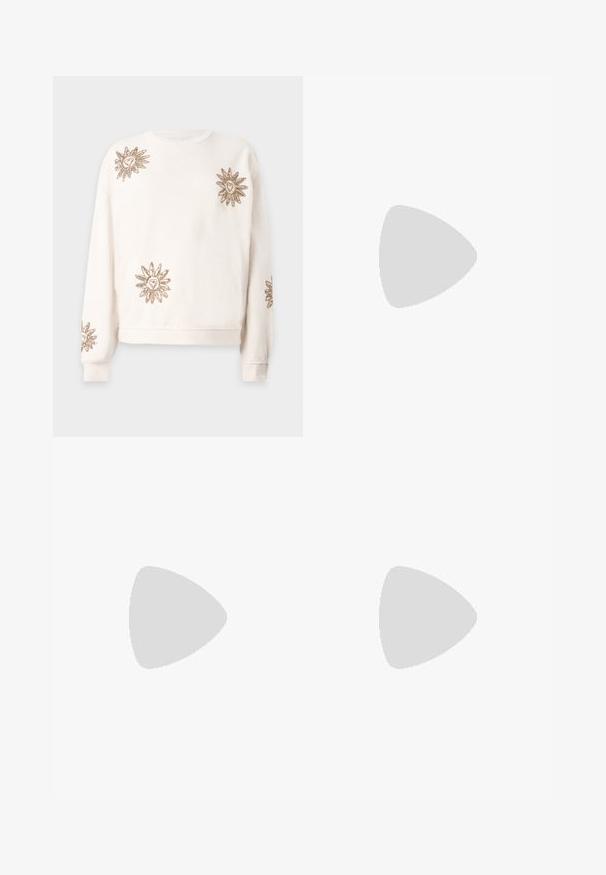 Cream sweatshirt with long sleeves, features embroidered golden suns with heart centers, ribbed cuffs, and a rounded neckline.; White short-sleeve t-shirt with navy horizontal stripes, featuring embroidered "Tommy Hilfiger" logo on the chest. Classic crew neck design.; Pleated white skirt with a black elastic waistband featuring the "LACOSTE" logo. Mid-length design with soft texture.; White leather sneakers with a thick white sole, black suede heel accent, and embossed logo on the side. Laced design with six eyelets.