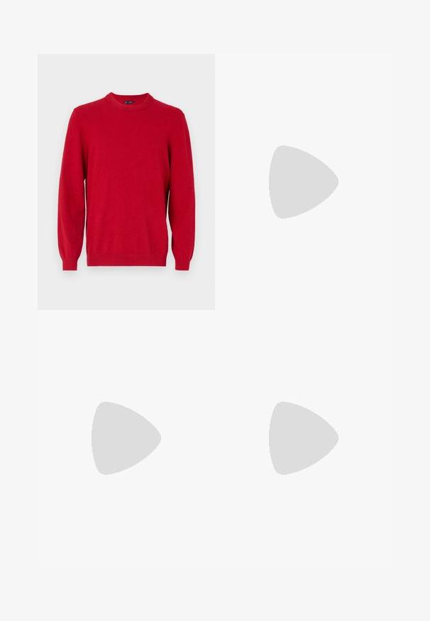 Red sweater made of soft knit fabric, featuring a round neckline, long sleeves, and ribbed cuffs and hem. Simple design with no additional patterns.; Black tailored trousers made of smooth fabric, featuring a flat front, belt loops, and side pockets. Straight-cut leg design.; Beige suede slip-on shoe with a rounded toe and stitched detailing. Light-colored rubber sole with a low-profile design.; Gold metal-frame sunglasses with dark green lenses, aviator style, featuring slim arms and tortoiseshell accents on the tips.