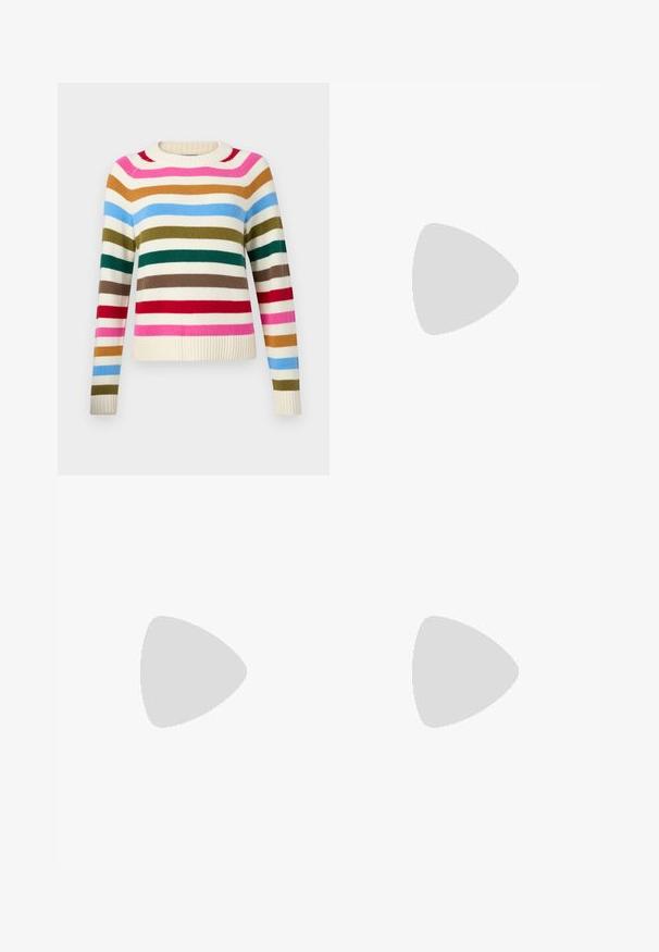 GAP CASHSOFT CREW - Džemper - multi coloured; Tumed sinine denim bermuda lühikesed püksid, millel on paelaga vöökoht, standardsete vööaasadega ja nähtavate õmblusteenustega.; Valge kõrgem kangast tenniseking, millel on must kummist tald, ees kummist varvasetugi ja kuus aukku paelte jaoks, pakkudes puhta ja minimalistliku disaini.; Punane nahast käekott, millel on nurkadega geomeetriline disain. Omab ühte reguleeritavat rihma ja klappidega sulgemist, millel on õmblustega kaunistused.