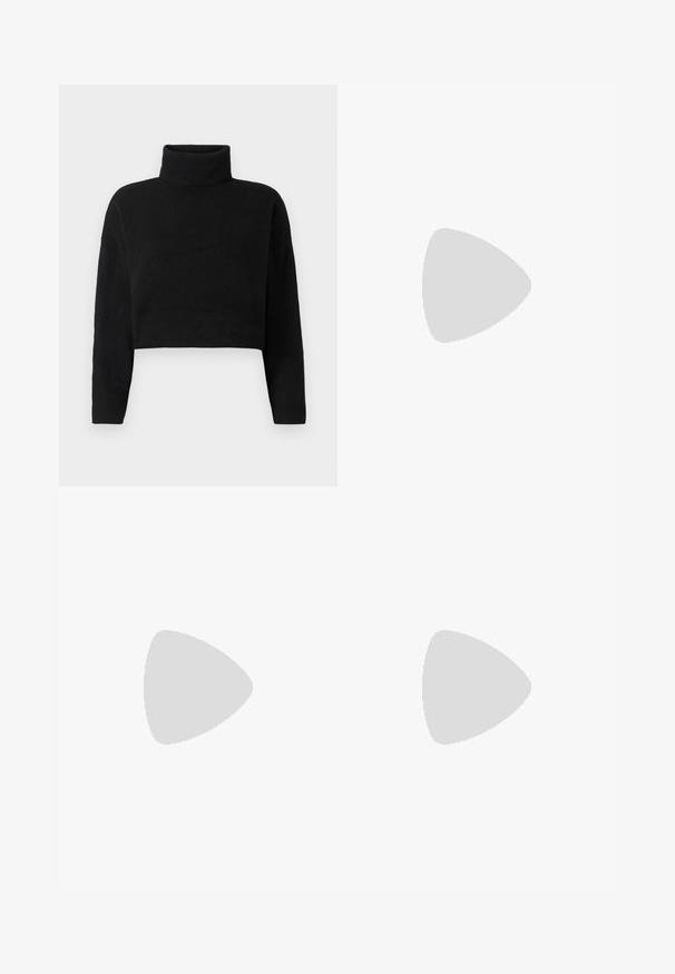 Fekete, rövidített kötött pulóver magas nyakú kivágással, hosszú ujjakkal és puha textúrával. Egyszerű dizájn, minta vagy látható fém részletek nélkül.; Fekete pliszírozott nadrág gumis derekkal. Széles lábakkal rendelkezik, sima, texturált anyagból készült, függőleges csíkokkal.; Fekete bőr, hegyes orrú magassarkú cipő boka pánttal és vastag sarokkal. Sima textúra, elegáns dizájn és minimális esztétika.; Fekete bőrtáska sima felszínnel, téglalap alakú, két hosszú füllel. Nincs látható fémkiegészítő vagy díszítés.