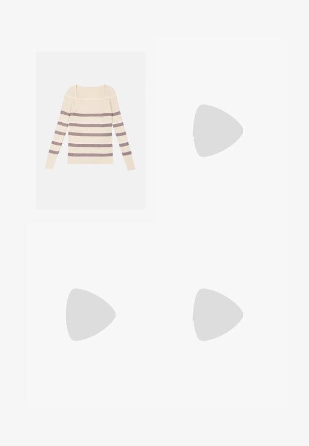 Ribbad långärmad topp i krämfärgad med grå och lila horisontella ränder, med fyrkantig halsringning och åtsittande design. Mjuk textur.; Svarta vida byxor i slätt tyg, med två framfickor i vitt med dekorativa knappar.; Svarta lackläder slingback-klackar med spetsig tå, en rundad utskärning och en blockklack. Utsmyckad med en spänne i guldton.; Svart handväska med texturerad yta, dubbla handtag upptill och justerbar axelrem. Utrustad med detaljer i guld och sidofickor.