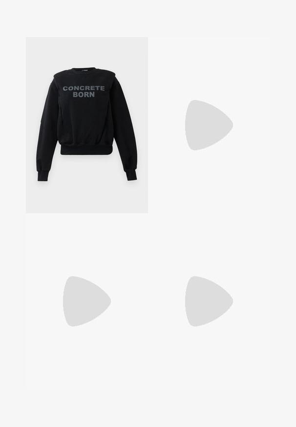 Black long-sleeve sweatshirt with ribbed cuffs and hem, featuring bold gray text "CONCRETE BORN" on the front center.; Black, high-waisted, flared trousers made of shiny material with contrasting white stitching and a front zipper. Two front pockets included.; Black knee-high boots with a glossy finish, square toe, and a chunky heel. The design features a smooth texture and a sleek silhouette.; Black leather bucket bag with a textured finish, gold hardware accents, and an open top. Features a short handle and adjustable shoulder strap.