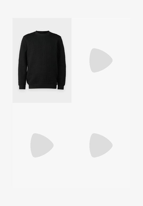 JOOP! Jeans ANTAIOS - Pulóver - black; Fekete, egyenes szabású, szabott nadrág sima anyagból. Övhurkokkal és redőzéssel a elülső részen.; Fehér bőr sportcipő sima felülettel, kerek orral, lapos fűzőkkel és textúrált talppal. Szürke velúr díszítés a saroknál.; BOSS Napszemüvegek - black