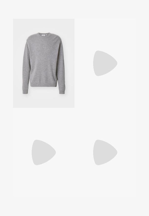 Gray knitted sweater with long sleeves, round neck, and ribbed cuffs and hem. Fabric appears soft and textured, designed for casual wear.; White cotton t-shirt with short sleeves, crew neck, featuring a small gold logo on the left chest area. Soft texture and regular fit.; Blue denim jeans with a straight cut, five-pocket design, metal button closure, and visible stitching along seams and hem.; White sneaker with green accents, leather upper, perforated toe, lace closure, and textured rubber outsole. Features a prominent "N" logo.