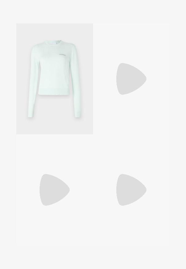 Mintgrønn genser laget av myk stoff, med lange ermene, ribbestrikket halslinning og mansjetter, og et lite brodert logo på brystet.; Svarte høyt midje, utsvingte jeans laget av denim, med knappelukking, beltehemper og sidelommer. Glatt tekstur med minimal falming.; Svart treningssko med en glatt læroverdel, semsket detaljer, rund tå og en kontrasterende hvit mellomsåle. Har snøring og logo-detalj.; Denim håndveske i lys blå, rektangulær form, med en enkel stropp og sølvfarget maskinvare. Har en fremtredende CK-logo på forsiden.