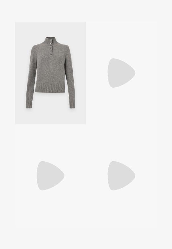 Gray knit sweater with a high ribbed collar, featuring a partial button placket and ribbed hem and cuffs for a fitted look.; Navy turtleneck long-sleeve top. Made from soft fabric with a smooth texture. Features a fitted design and high collar without visible seams.; Wide-leg dark blue denim jeans with a high waist, featuring a drawstring tie, five pockets, and contrasting stitching details.; Brown leather ankle boots with a square toe and block heel, paired with black wide-leg jeans. Smooth texture and minimalistic design.; Black leather handbag with a soft, slouchy design. Features a flat strap and a central closure adorned with a gold accent.