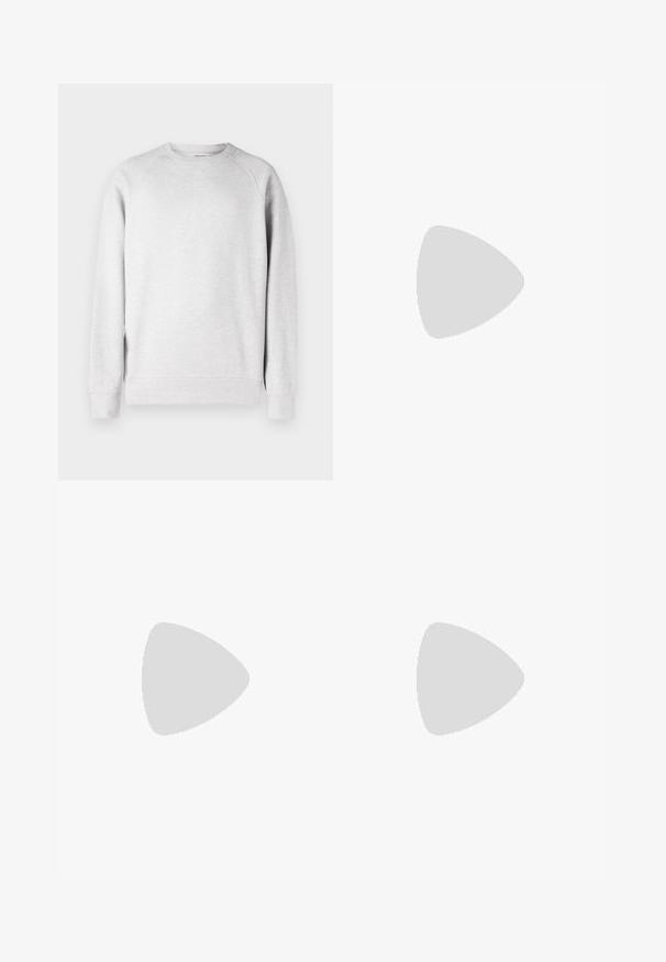 Sweatshirt cinza claro de gola redonda com mangas longas, punhos e bainha canelados, exibido sobre um fundo branco.; Calças cinzentas sob medida com corte reto, apresentando dois bolsos frontais, pregas e fecho de botão. Confeccionadas em tecido leve.; O sapatênis Nike apresenta um design slip-on com parte superior azul-claro, detalhes em preto e painéis laterais perfurados. Bico arredondado e sola texturizada.; Óculos de sol pretos com armação octogonal, lentes escuras, acabamento brilhante, hastes finas e detalhes em dourado na parte frontal.