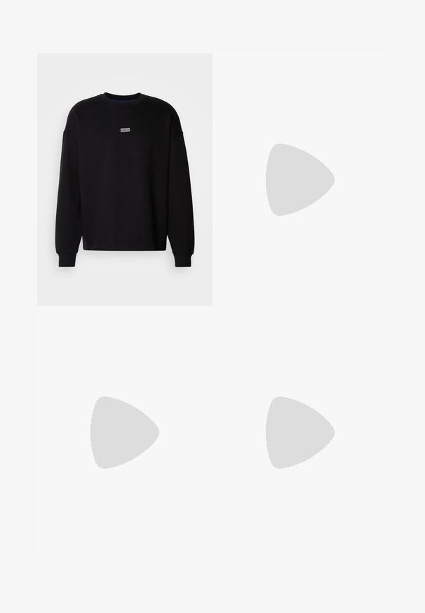 Sudadera negra de algodón. Presenta un cuello redondo y mangas largas. Incluye un pequeño parche de logo blanco con "HUGO" en el pecho.; Camiseta blanca de manga corta con texto "HUGO" en estilo llamas azules y verdes en el pecho, cuello redondo y etiqueta interior azul.; Pantalones cargo negros de algodón con un corte relajado, que cuentan con bolsillos laterales, cierre de botón y perneras rectas. Diseño simple sin patrones.; Mocasines de cuero negro con puntera redondeada, detalle de tira frontal y suela de goma baja. Presentan un sutil bordado y una pestaña trasera.