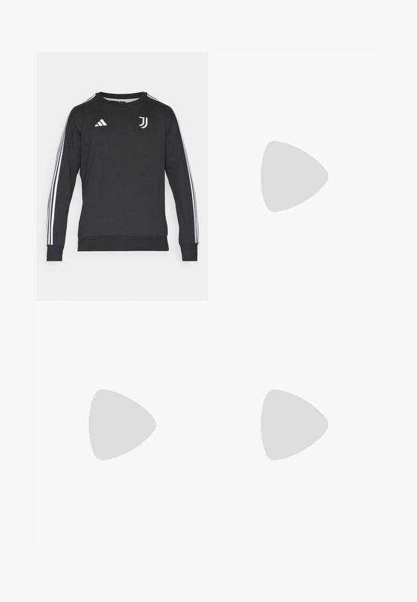Schwarzer Langarm-Sweatshirt mit weißem Adidas-Logo und drei weißen Streifen an jedem Ärmel. Gerundeter Halsausschnitt und gerippte Bündchen.; Weißes Poloshirt mit schwarzen Streifen, ausgestattet mit einem knöpfbaren Kragen und gesticktem Vereinslogo mit goldenen Akzenten auf der Brust.; Schwarze Sporthosen mit lockerer Passform, versehen mit weißen Seitenstreifen, einem Kordelzugbund und zwei Seitentaschen. Hergestellt aus weichem Stoff.; Weißer Fußballschuh mit schwarzen Akzenten und roter Sohle. Verfügt über drei schwarze Streifen an der Seite und ein glattes Obermaterial.